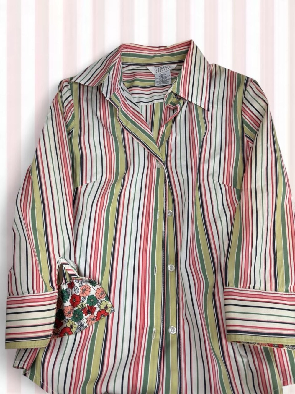 George Multi-Stripe Button-Up Blouse in Green, Red & White